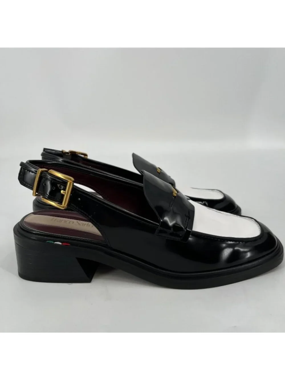 Franco Sarto Giada Slingback Loafers Black White Size 7M Square Toe Block Heel
